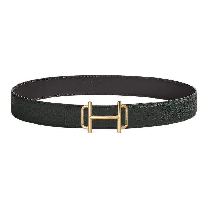 HERMES Royal Calfskin Double-Sided Leather Leather Belts Men's Graphite/Dark Green Width: 3.8cm-0