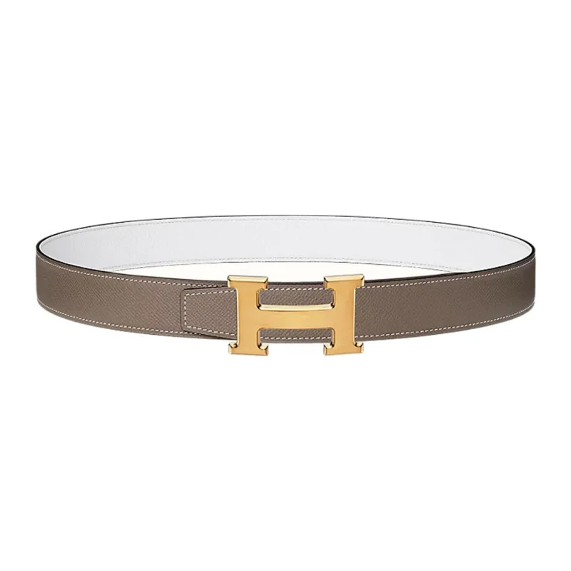 HERMES H Belt Buckle Letter H Logo Gold Buckle Epsom Calfskin Double Sided Leather Belt Brown/White Men's Width 3.2cm-0