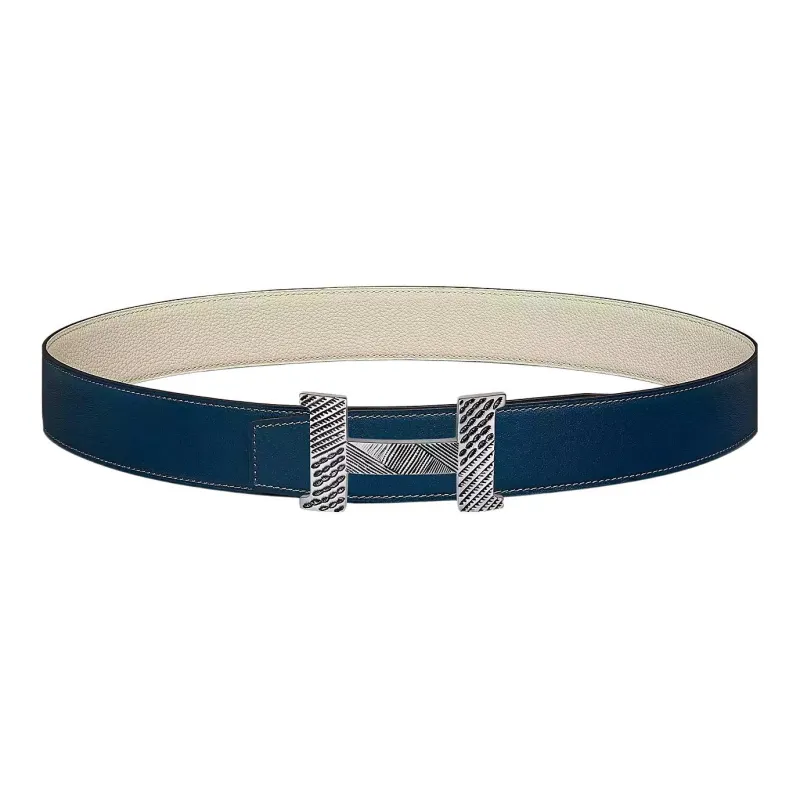 HERMES Constance Leather Belts Men Prussian Blue/Chalk White-0