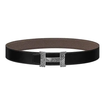 HERMES Constance Touareg Silver Buckle Togo Calfskin Double-Sided Leather Belt Leather Belts Men's Black Width: 3.8cm