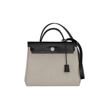HERMES Herbag Zip Canvas With Leather Handbag, Shoulder Bag, Crossbody Bag Unisex Concrete Gray/Black