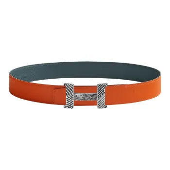 HERMES Constance Touareg Silver Buckle Epsom Calfskin Double-Sided Belt Men's Orange/Hurricane Blue Width: 3.8cm