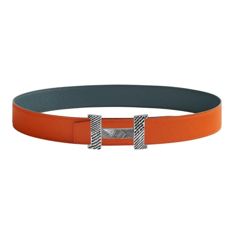 HERMES Constance Touareg Silver Buckle Epsom Calfskin Double-Sided Belt Men's Orange/Hurricane Blue Width: 3.8cm-0