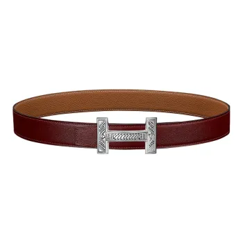 HERMES Letter Etched Silver Buckle Togo Calfskin Double-Sided Leather Belt Men's Red Width: 3.2cm