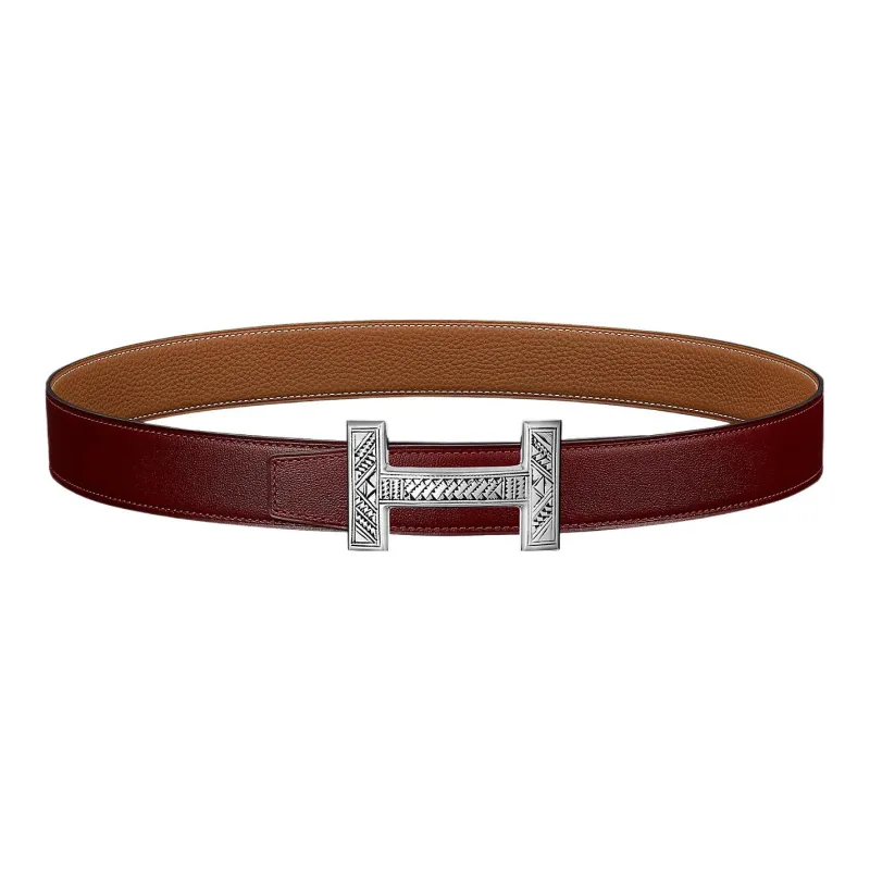 HERMES Togo Letter Etched Silver Buckle Togo Calfskin Double Sided Leather Belt Men's Red Width 3.2cm-0