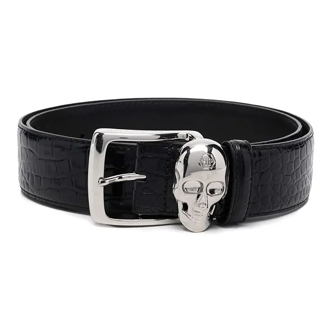 PHILIPP PLEIN Skull Pattern Fashion Trend Pin Buckle Leather Belts Men's Width 4cm-1