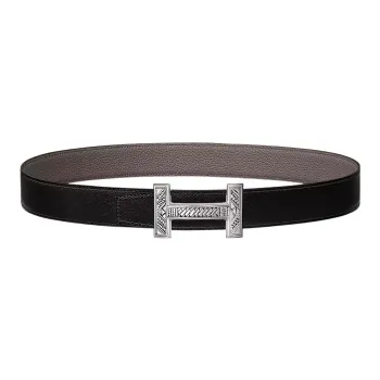 HERMES Quizz Touareg Silver Buckle Togo Calfskin Double-Sided Leather Belt Men's Black/Tin Gray Width: 3.2cm