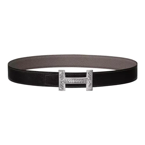 HERMES Leather Belts Men Black/Tin Gray