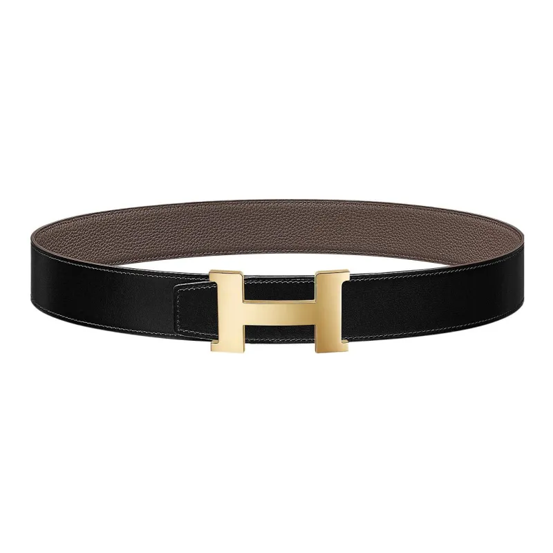 HERMES Constance Togo Calfskin Double Sided Leather Belt Leather Belts Men's Black/Tin Gray Width 3.8cm-0