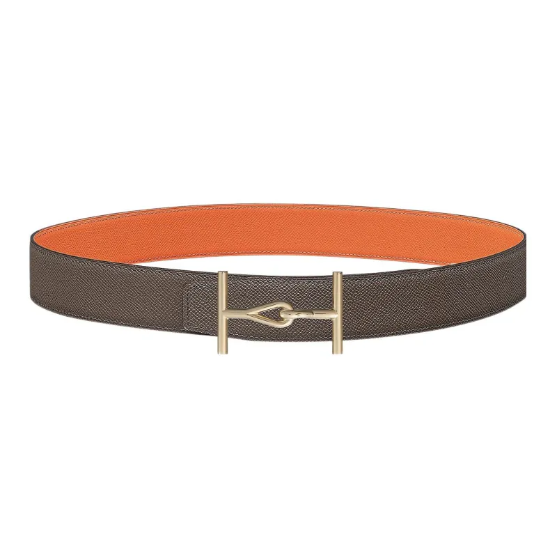 HERMES Vintage Gold Buckle Epsom Calfskin Double-Sided Leather Belt Men's Brown Width: 3.8cm-0
