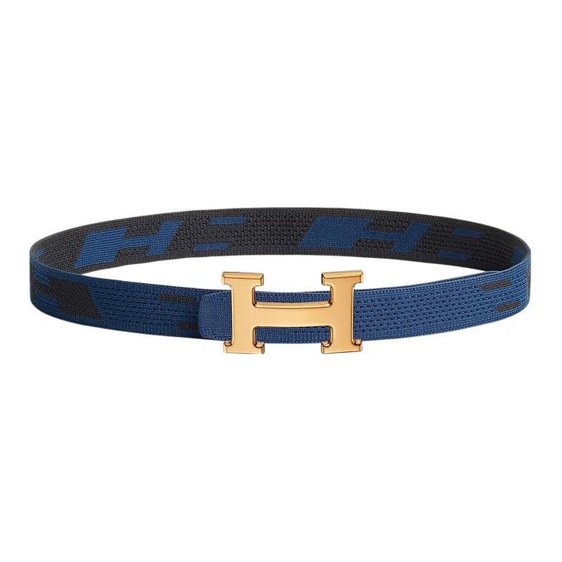 HERMES Letter Light Gold Buckle Nylon Mesh Double-Sided Belt Men's Blue Width: 3.2cm-0