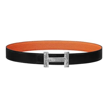 HERMES Togo Letter Etched Fashion Silver Buckle Togo Calfskin Double Sided Leather Belt Men's Black Width 3.2cm
