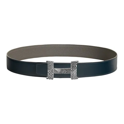 HERMES Constance Leather Belts Men Navy Blue/Tin Gray