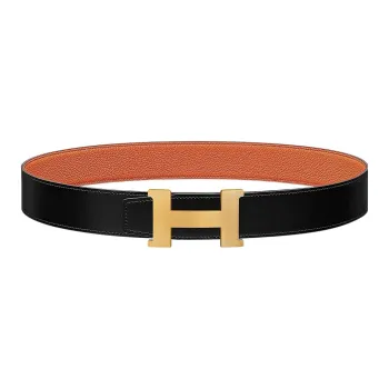HERMES Calfskin Double Sided Leather Leather Belts Men's Black/Orange Width  3.8cm