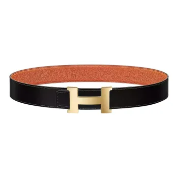 HERMES Cow Leather Leather Belts Men's Black/Orange Width  3.8cm
