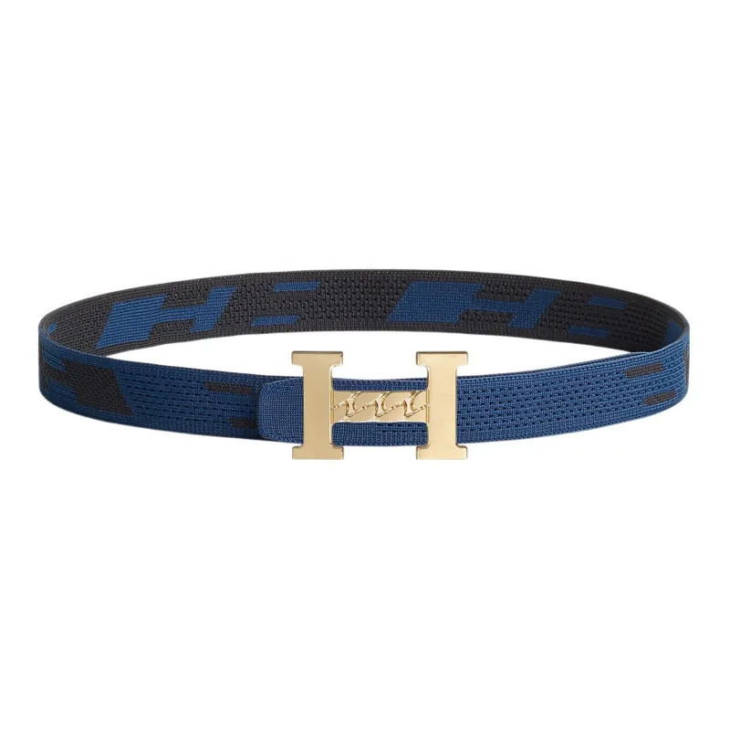 HERMES Comfortable 5382 Gourmette & Sprint Gold Buckle Nylon Mesh Double-Sided Belt Men's Black/Indigo Width: 3.2cm-0