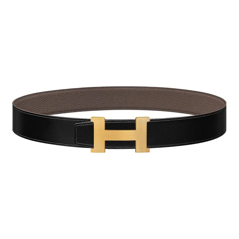 HERMES Togo Calfskin Double Sided Leather Belt Leather Belts Men's Black/Tin Gray Width  3.8cm-0
