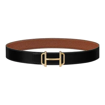 HERMES Royal Togo Calfskin Double Sided Leather Leather Belts Men's Black/Gold Width  3.8cm