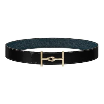 HERMES Fashion Jumbo Gold Buckle Togo Calfskin Double Sided Leather Belt Men's Black/Prussian Blue Width  3.8cm