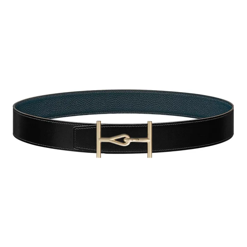 HERMES Jumbo Fashion Jumbo Gold Buckle Togo Calfskin Double Sided Leather Belt Men's Black/Prussian Blue Width 3.8cm-0