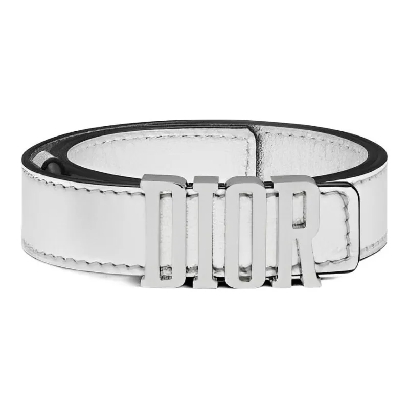 DIOR Badge Buckle Leather Belts Women's Silver White-1