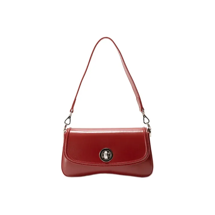 GXFMOD Cow Leather Baguette Shoulder Bag Medium Size Women's Cherry Red-0