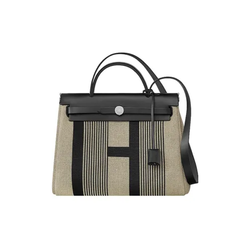 HERMES Herbag Zip Canvas With Leather Handbag Shoulder Bag Crossbody Bag Unisex Black/Light Taupe