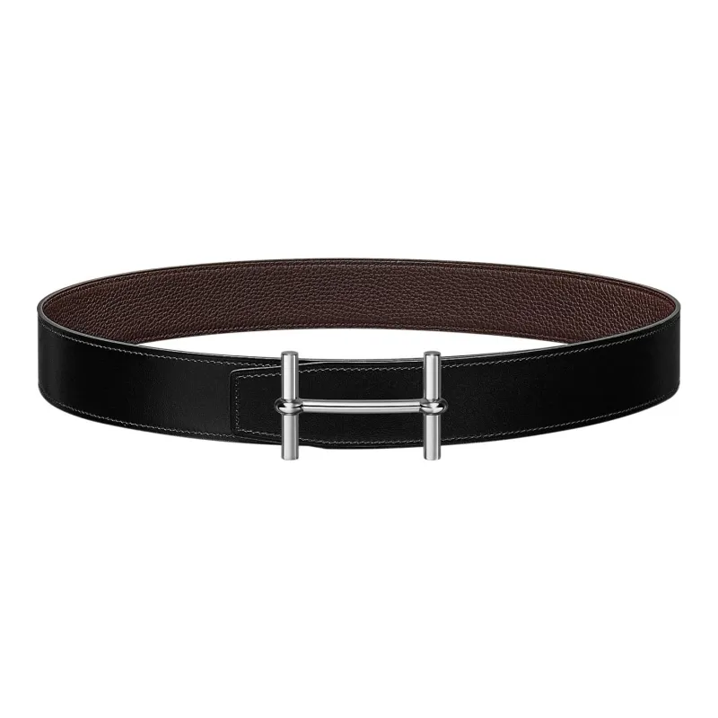 HERMES Ancre H D' Ancre Silver Buckle Togo Calfskin Double Sided Leather Belt Unisex Black Width 3.8cm-0