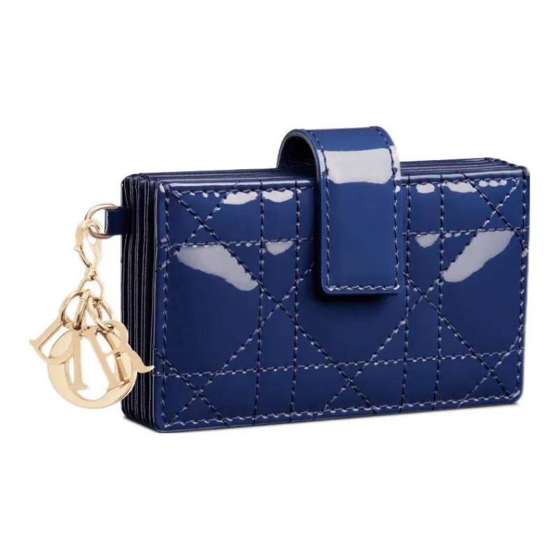 DIOR Lady Dior Patent Leather Calfskin Card Clip Card Holder Women's Royal Blue-1