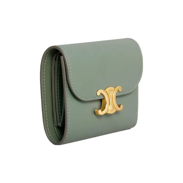 CELINE Triomphe Shiny Cow Leather Wallet Small Size Women's Green-2