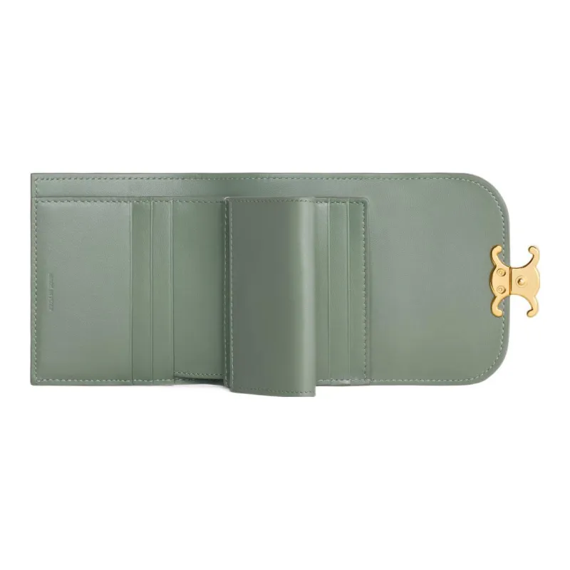 CELINE Triomphe Shiny Cow Leather Wallet Small Size Women's Green-3