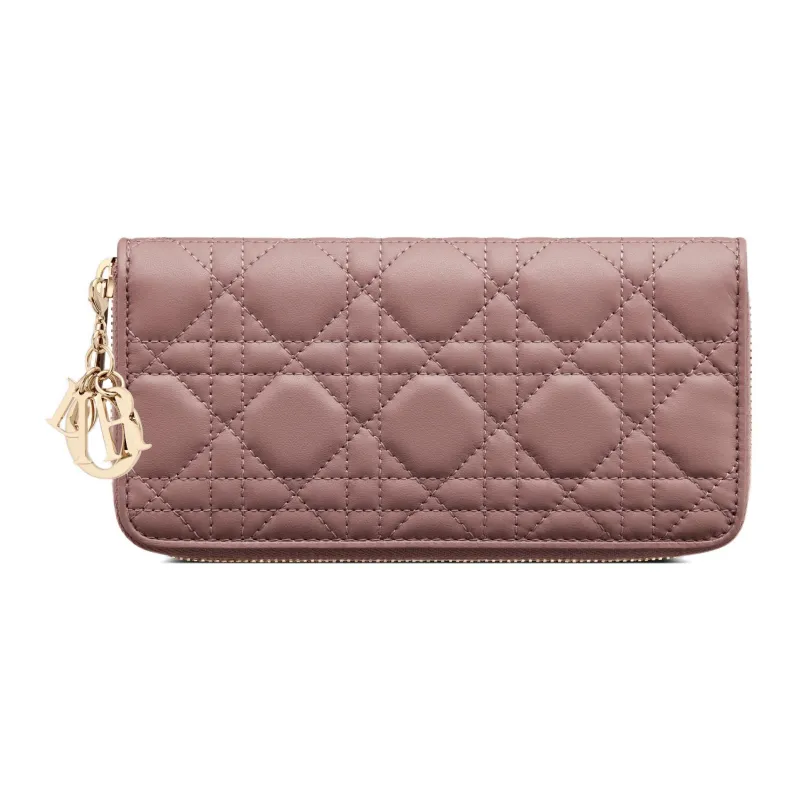 DIOR Lady Dior Quilting Lambskin Clutches Card Holder Wallet Women's Pink Peony-0