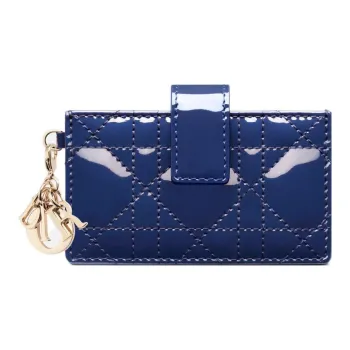 DIOR Lady Dior Patent Leather Calfskin Card Clip Card Holder Women's Royal Blue