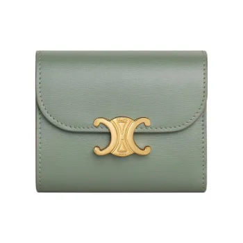 CELINE Triomphe Shiny Cow Leather Wallet Small Size Women's Green