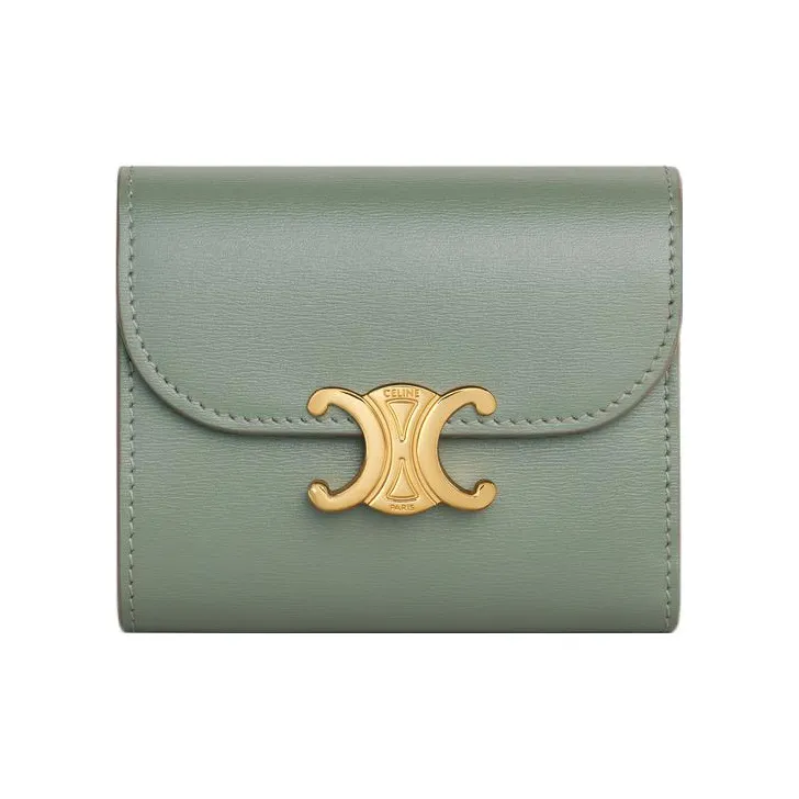 CELINE Triomphe Shiny Cow Leather Wallet Small Size Women's Green-0
