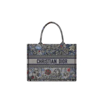 DIOR BookTote Embroidered Denim Tote Bag Shopping Bag Handbag Medium Size Women's Multicolor