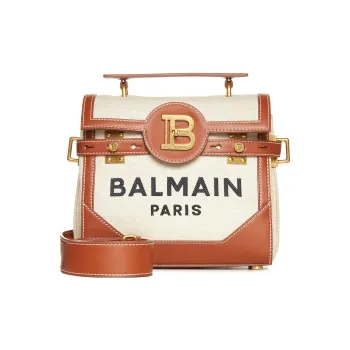 BALMAIN B BUZZ Leather With Cotton And Linen Shoulder Bag, Crossbody Bag, Handbag Women's Beige/Brown