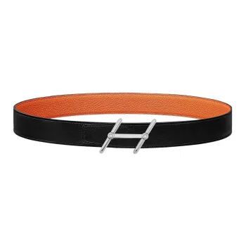 HERMES Elegant Elegance Silver Buckle Togo Calfskin Double Sided Leather Belt Men's Black Width  3.2cm