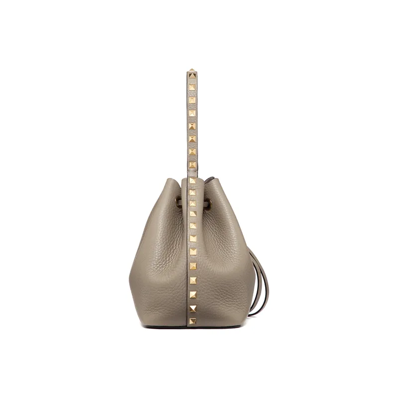 Valentino Rockstud Calfskin Bucket Bag Shoulder Bags Handbags Small Size Women's Gray-3