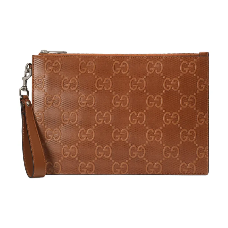 GUCCI Embossed Leather Clutch Men's Brown-0