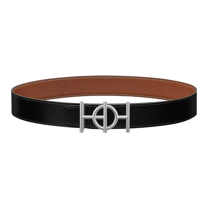 HERMES Togo Vintage Silver Buckle Togo Calfskin Double Sided Leather Belt Men's Black Width 3.8cm-0