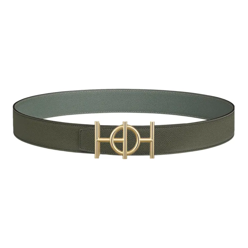 HERMES Vintage Gold Buckle Epsom Calfskin Double-Sided Leather Belt Men's Green Width: 3.8cm-0