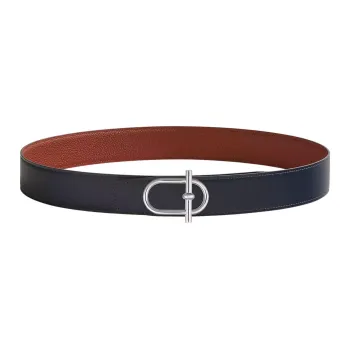 HERMES Avant Garde Silver Buckle Togo Calfskin Double Sided Leather Belt Men's Marine Blue/Ochre Red Width 3.8cm