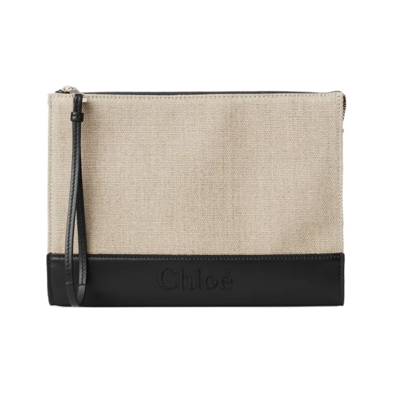Chloe Linen With Shiny Calfskin Clutch Women's Black/Beige-0