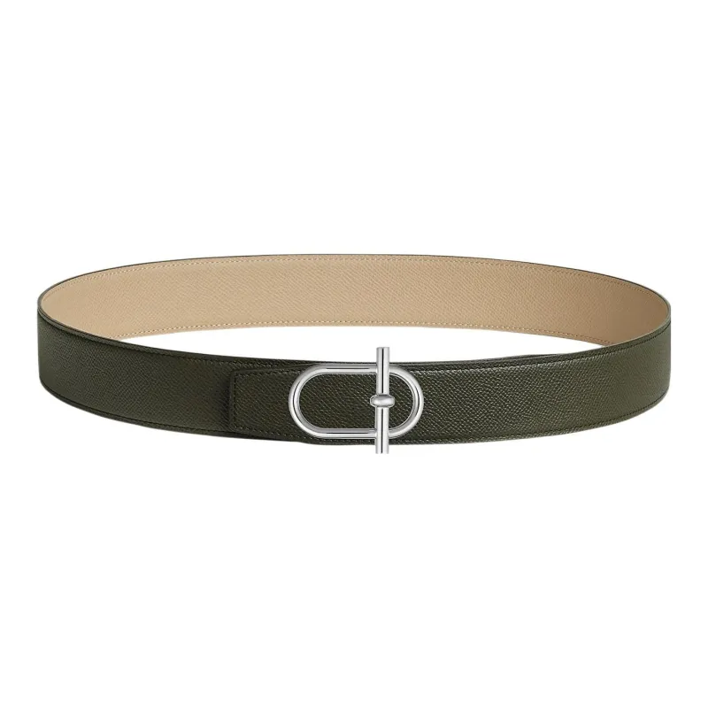 HERMES Fashionable Minimalist Style Silver Buckle Togo Calfskin Double Sided Leather Belt Men's Black Width 3.8cm-0
