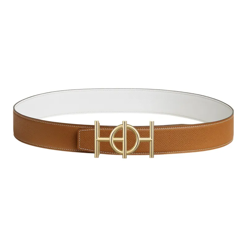 HERMES Togo Fashion Trend Vintage Gold Buckle Togo Calfskin Double Sided Leather Belt Men's Yellow Width 3.8cm-0