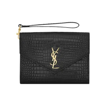 SAINT LAURENT CASSANDRE Crocodile Pattern Shiny Cow Leather Envelope Bag, Clutch Regular Women's Black