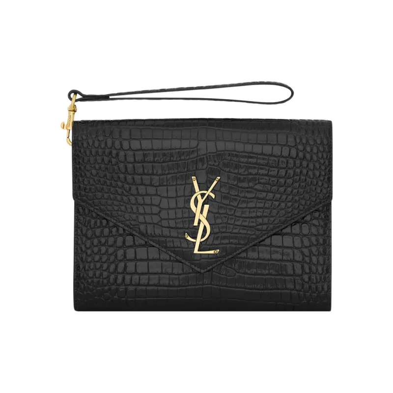 SAINT LAURENT CASSANDRE Crocodile Pattern Shiny Cow Leather Envelope Bag, Clutch Regular Women's Black-0