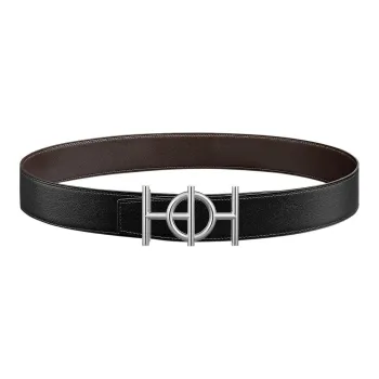 HERMES Togo Vintage Silver Buckle Togo Calfskin Double Sided Leather Belt Men's Black Width 3.8cm