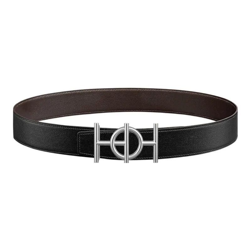HERMES Togo Vintage Silver Buckle Togo Calfskin Double Sided Leather Belt Men's Black Width 3.8cm-0